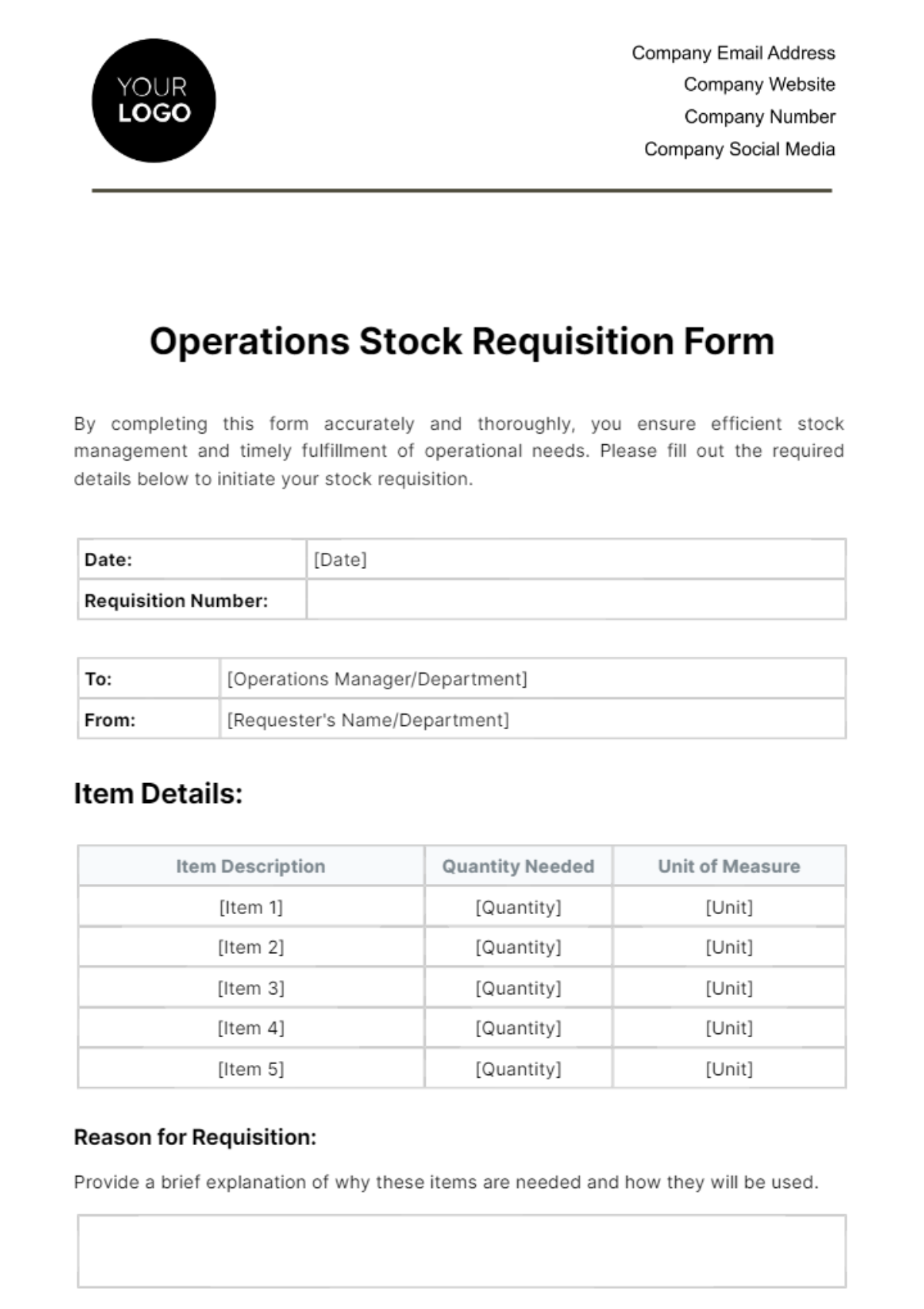 Free Operations Stock Requisition Form Template