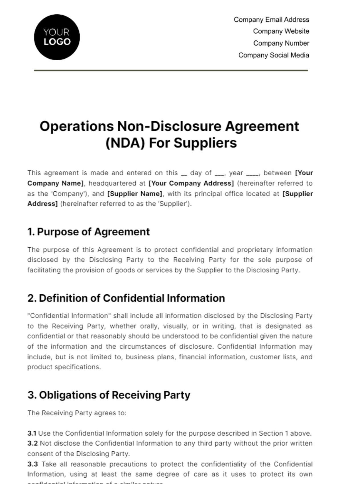 Operations Non-Disclosure Agreement (NDA) for Suppliers Template