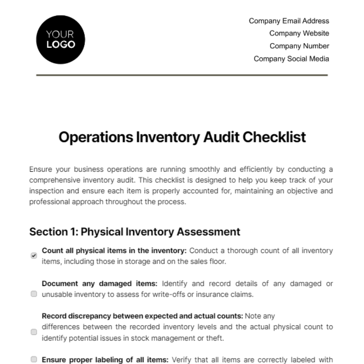 Operations Inventory Audit Checklist Template - Edit Online & Download