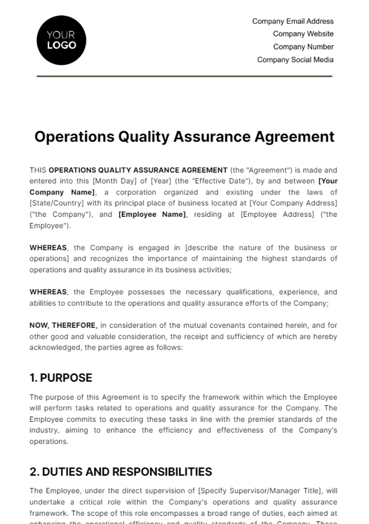 Free Operations Quality Assurance Agreement Template