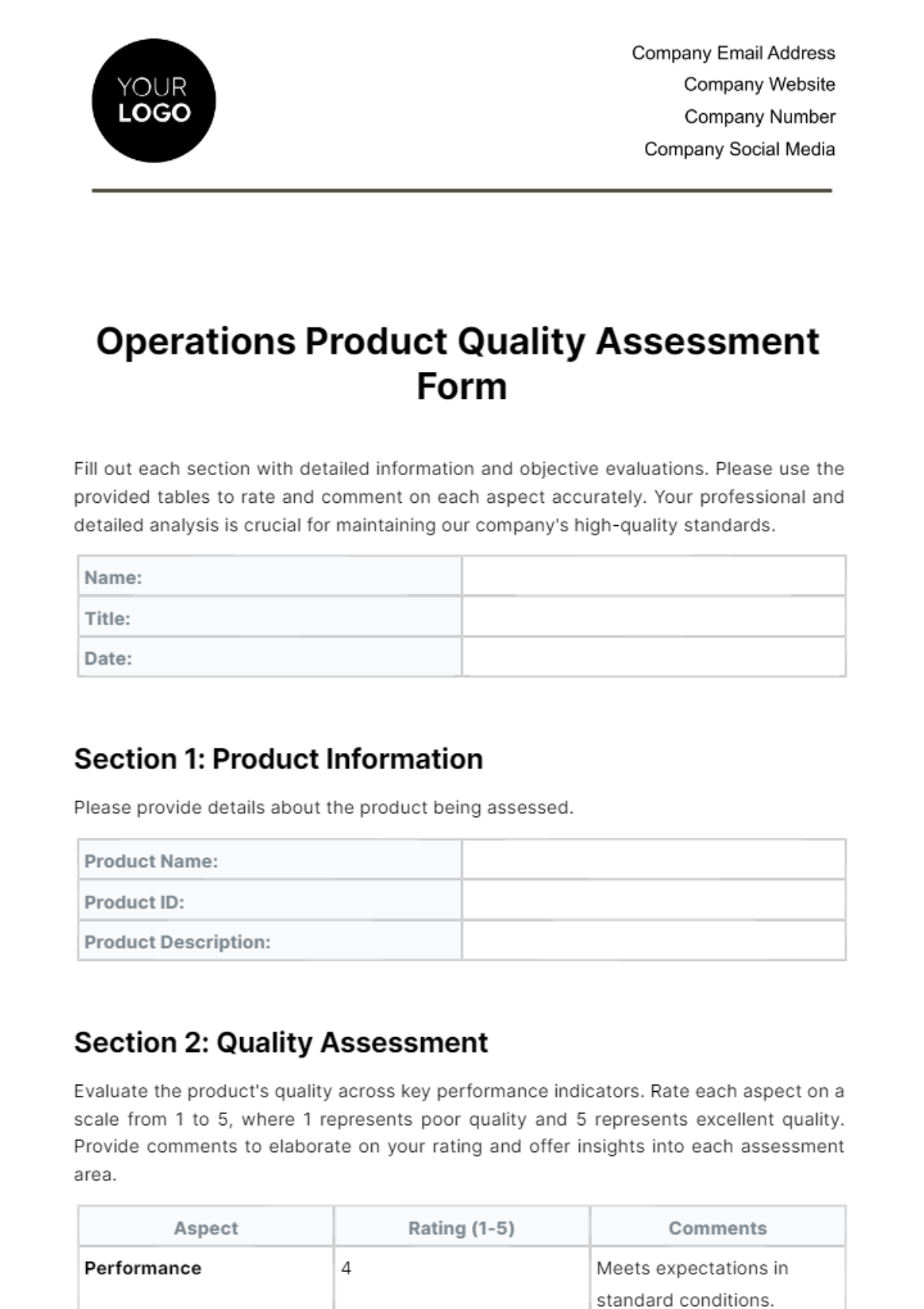 Free Operations Product Quality Assessment Form Template