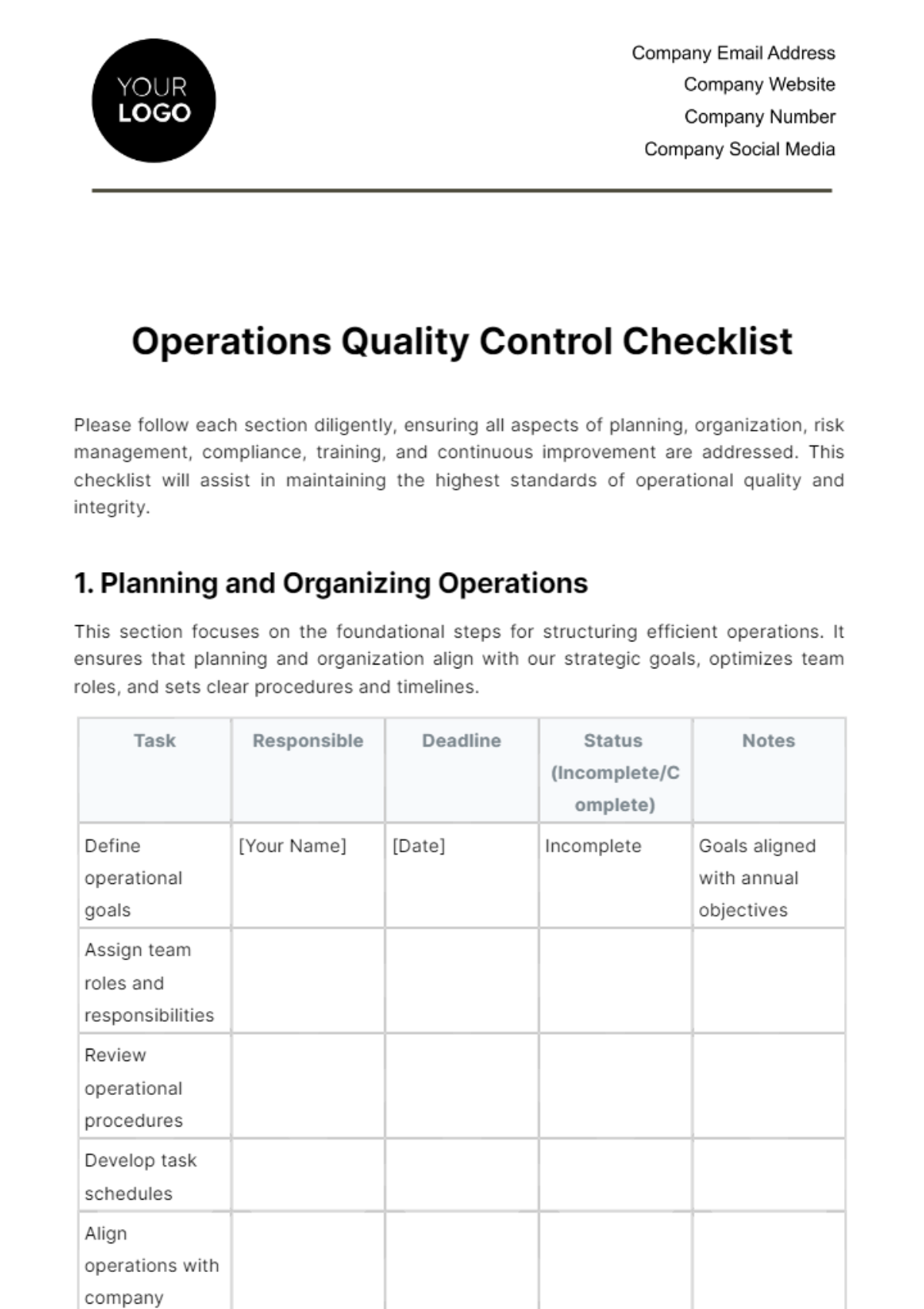 Operations Quality Control Checklist Template
