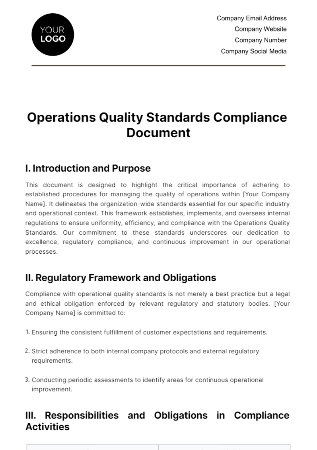 Operations Quality Standards Compliance Document Template