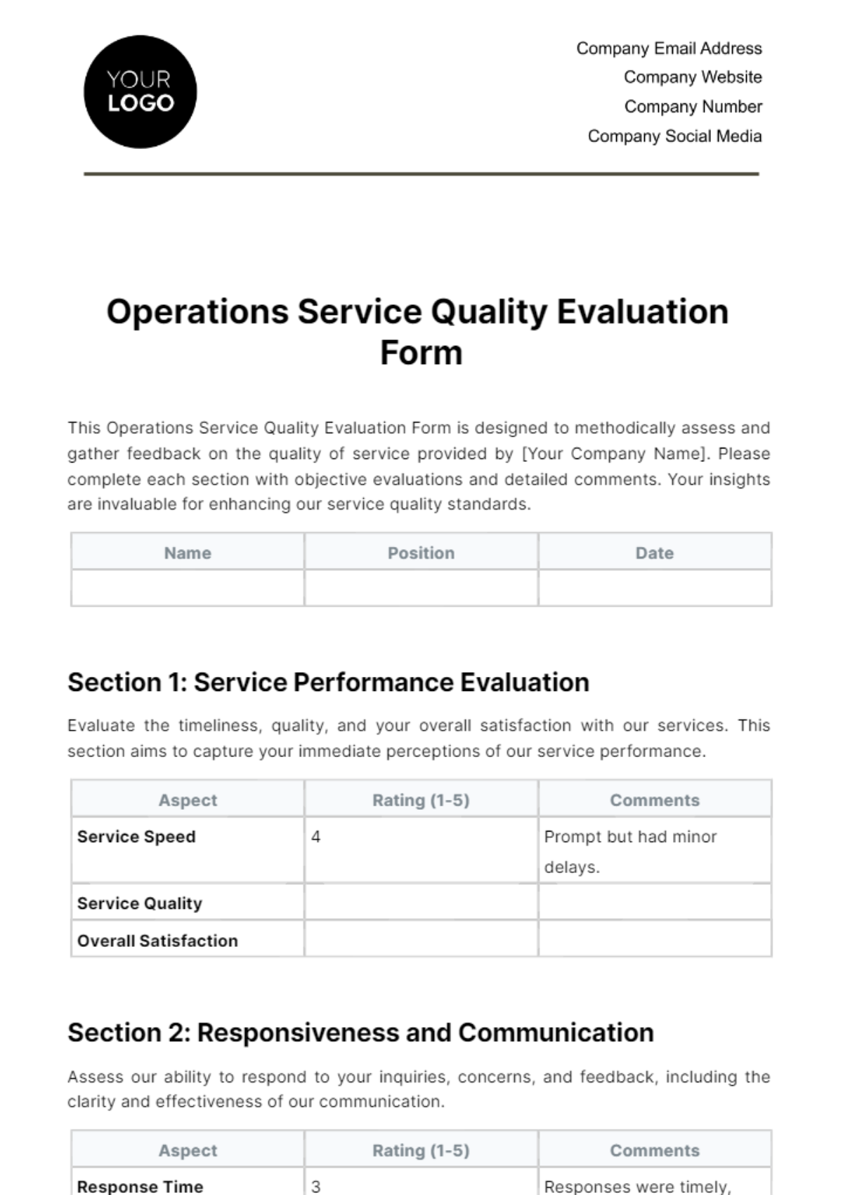 Operations Service Quality Evaluation Form Template