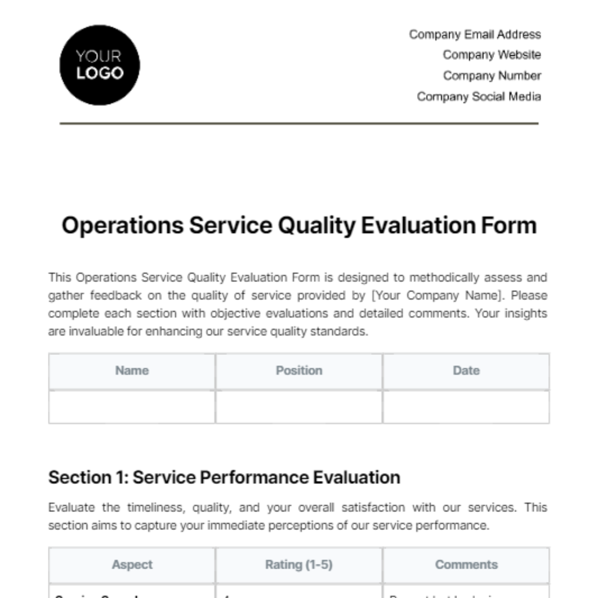 Operations Service Quality Evaluation Form Template - Edit Online & Download