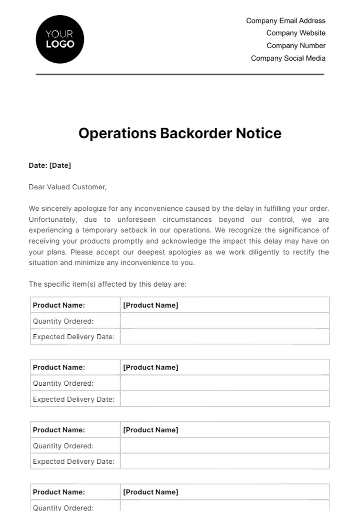 Free Operations Backorder Notice Template