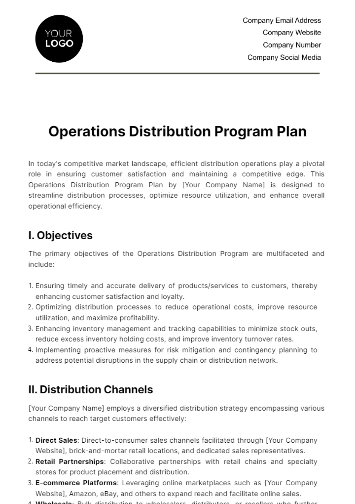 Free Operations Distribution Program Plan Template