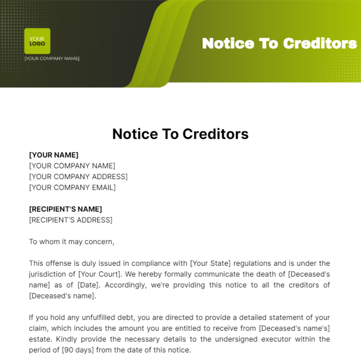 Free Notice To Creditors Template