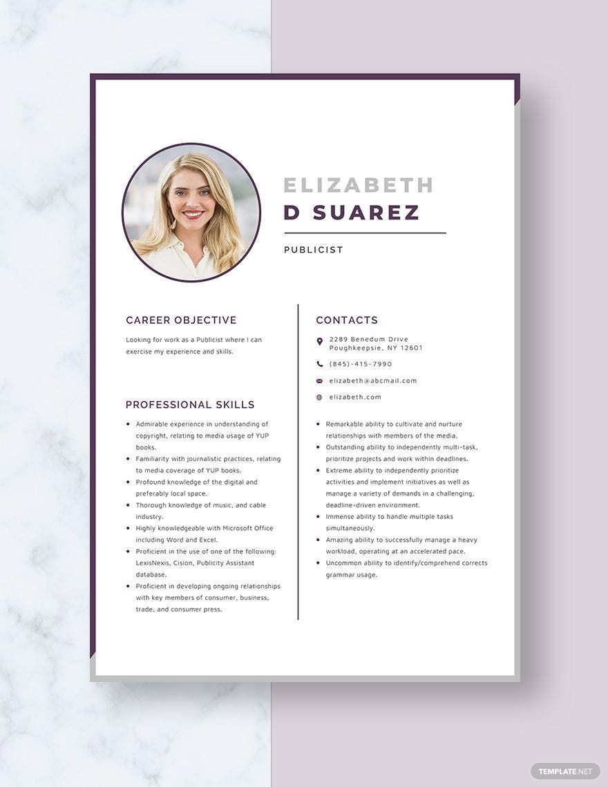 Publicist Resume in Word, Apple Pages