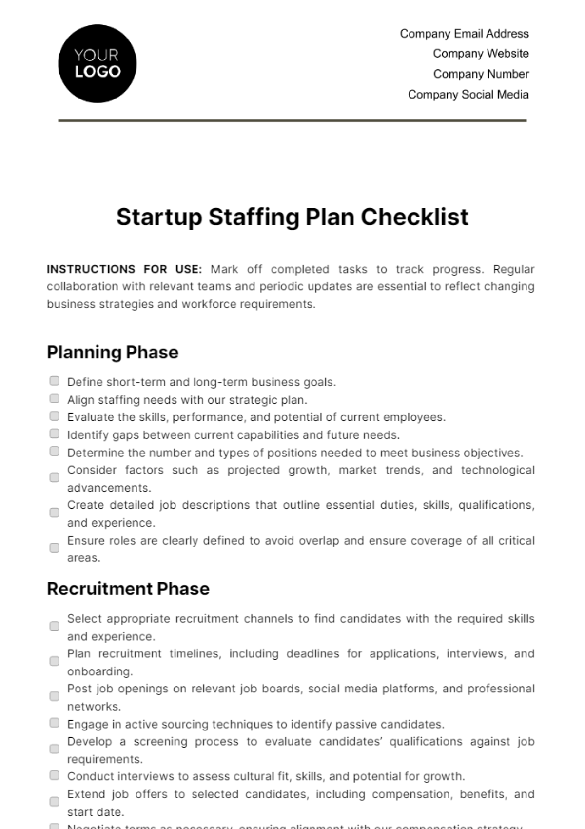 Free Startup Staffing Plan Checklist Template
