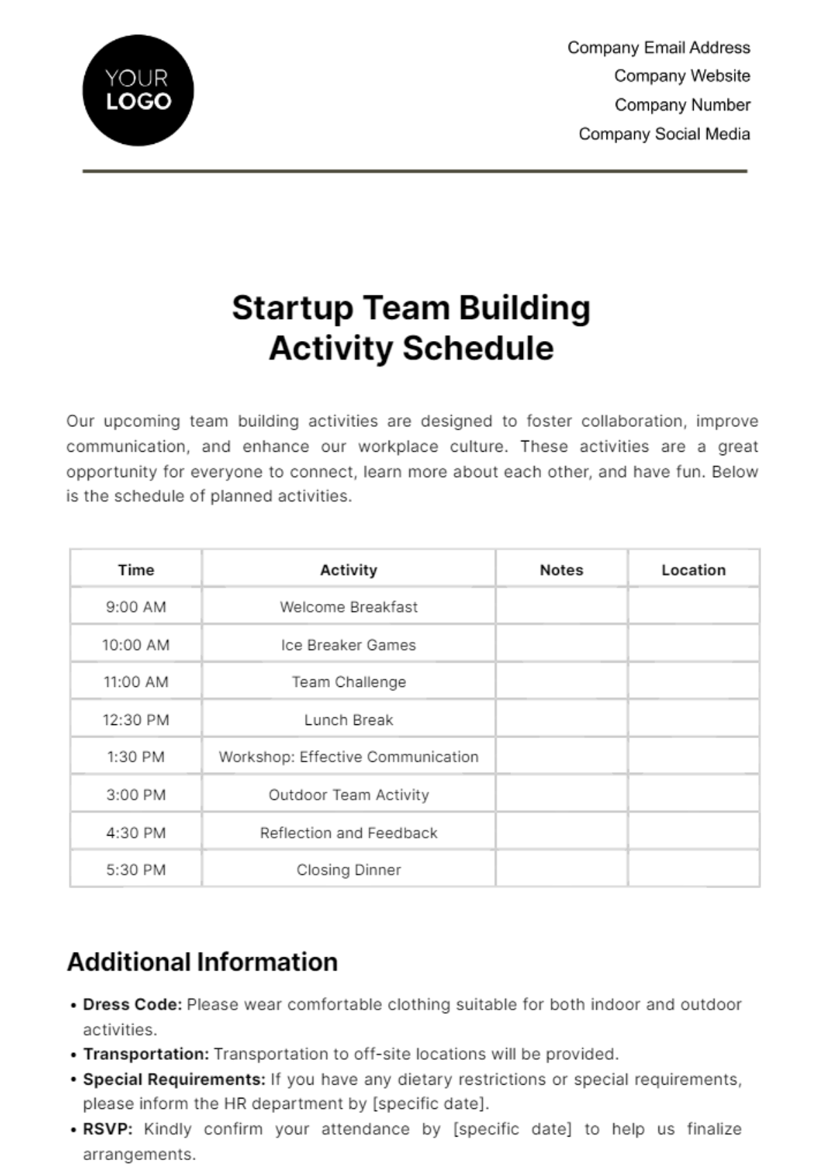 Startup Team Building Activity Schedule Template