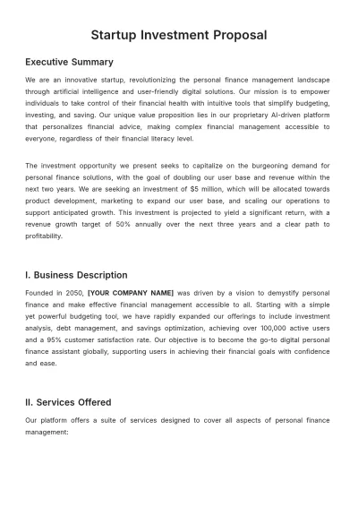 Free Startup Investment Proposal Template to Edit Online
