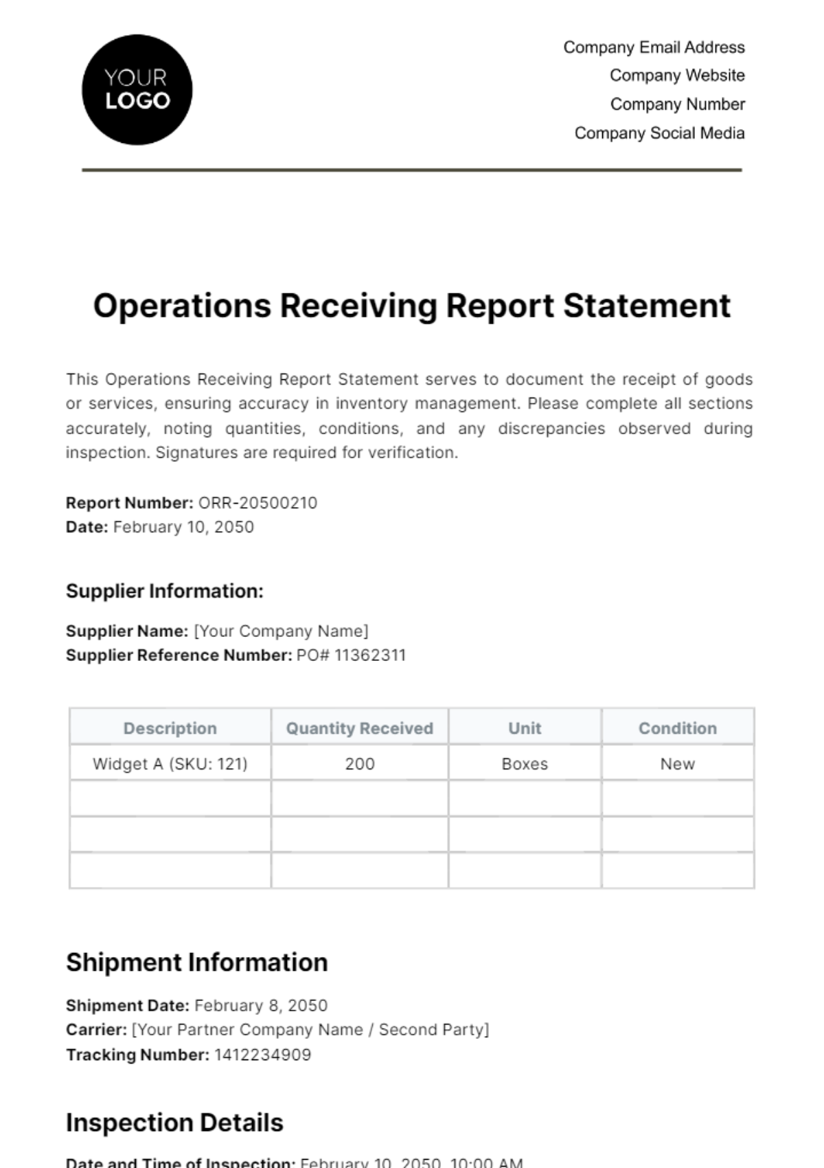 Free Operations Receiving Report Statement Template