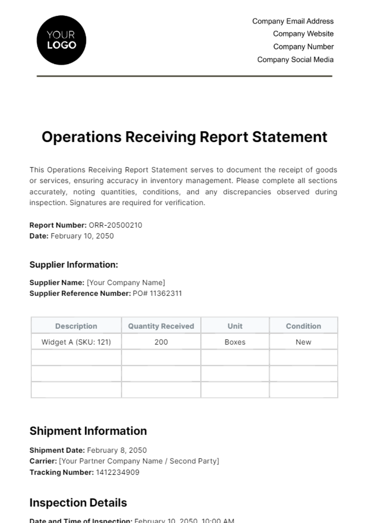 Operations Receiving Report Statement Template - Edit Online & Download