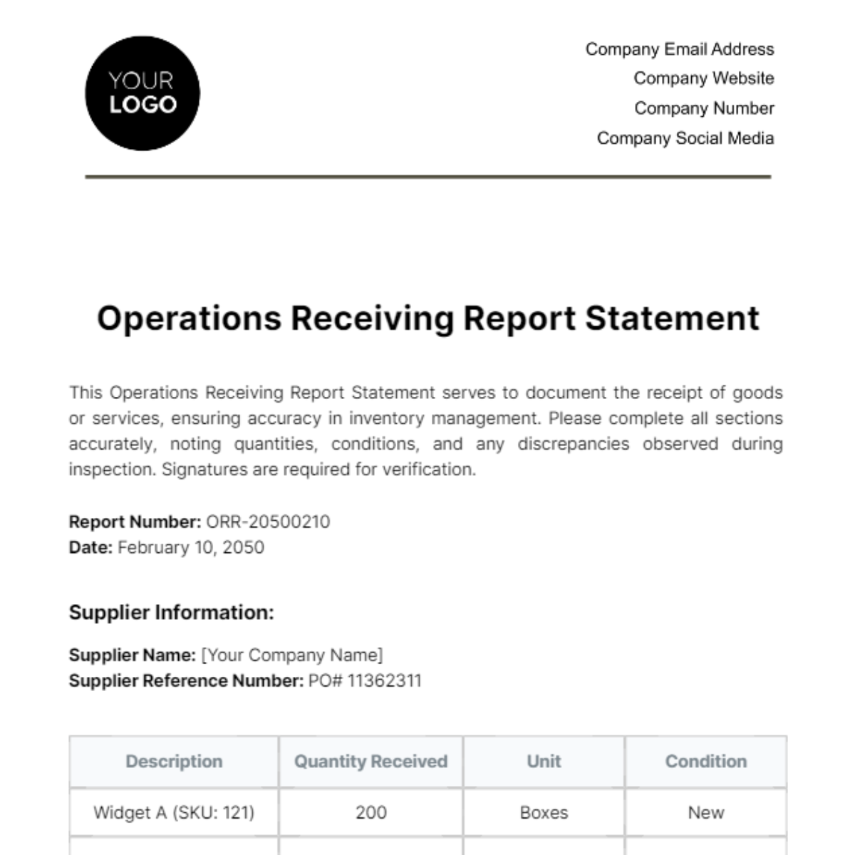 Operations Receiving Report Statement Template