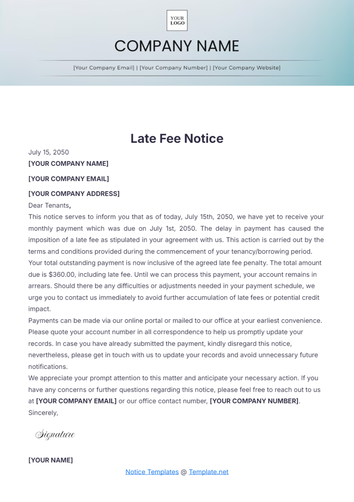 Free Late Fee Notice Template to Edit Online