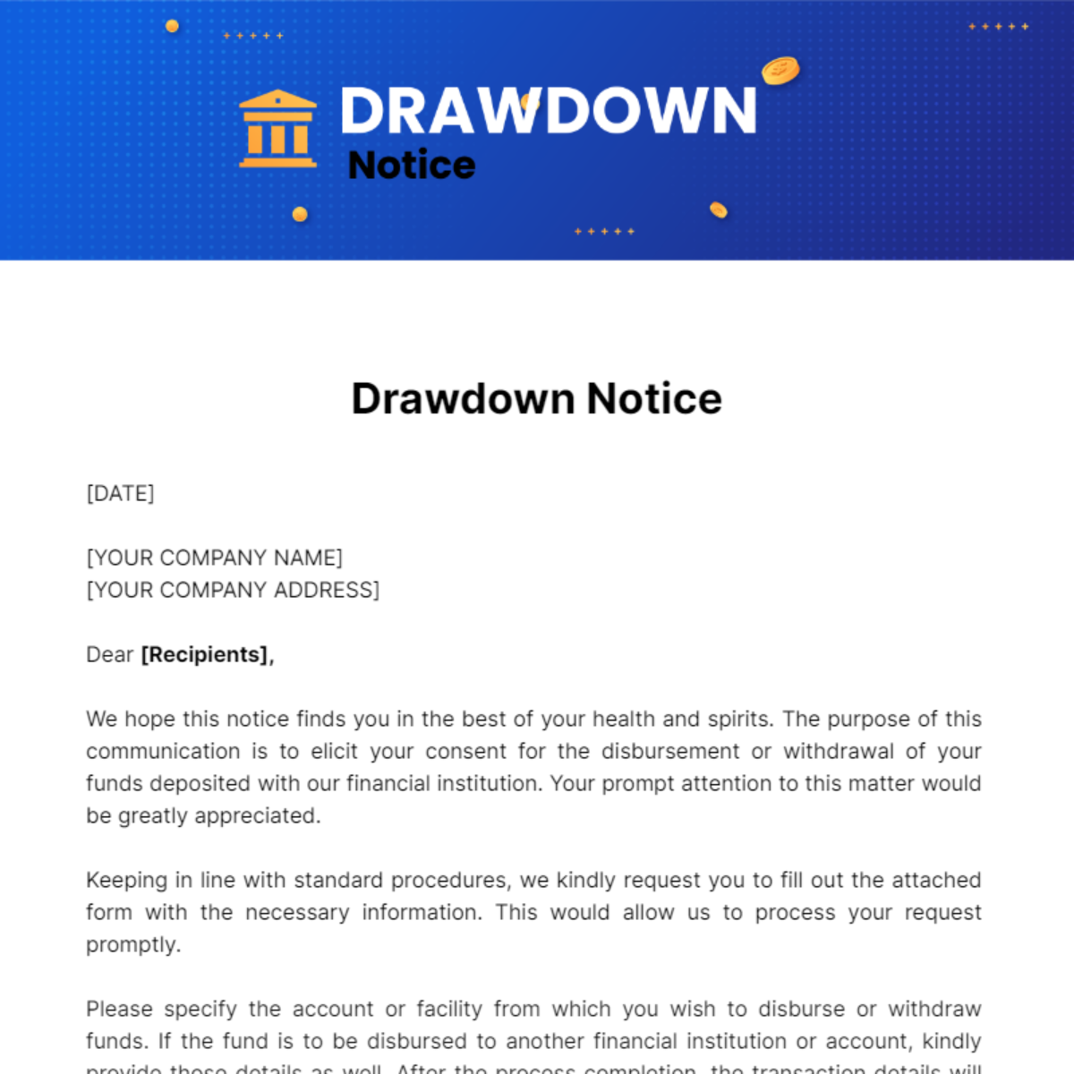 Drawdown Notice Template - Edit Online & Download