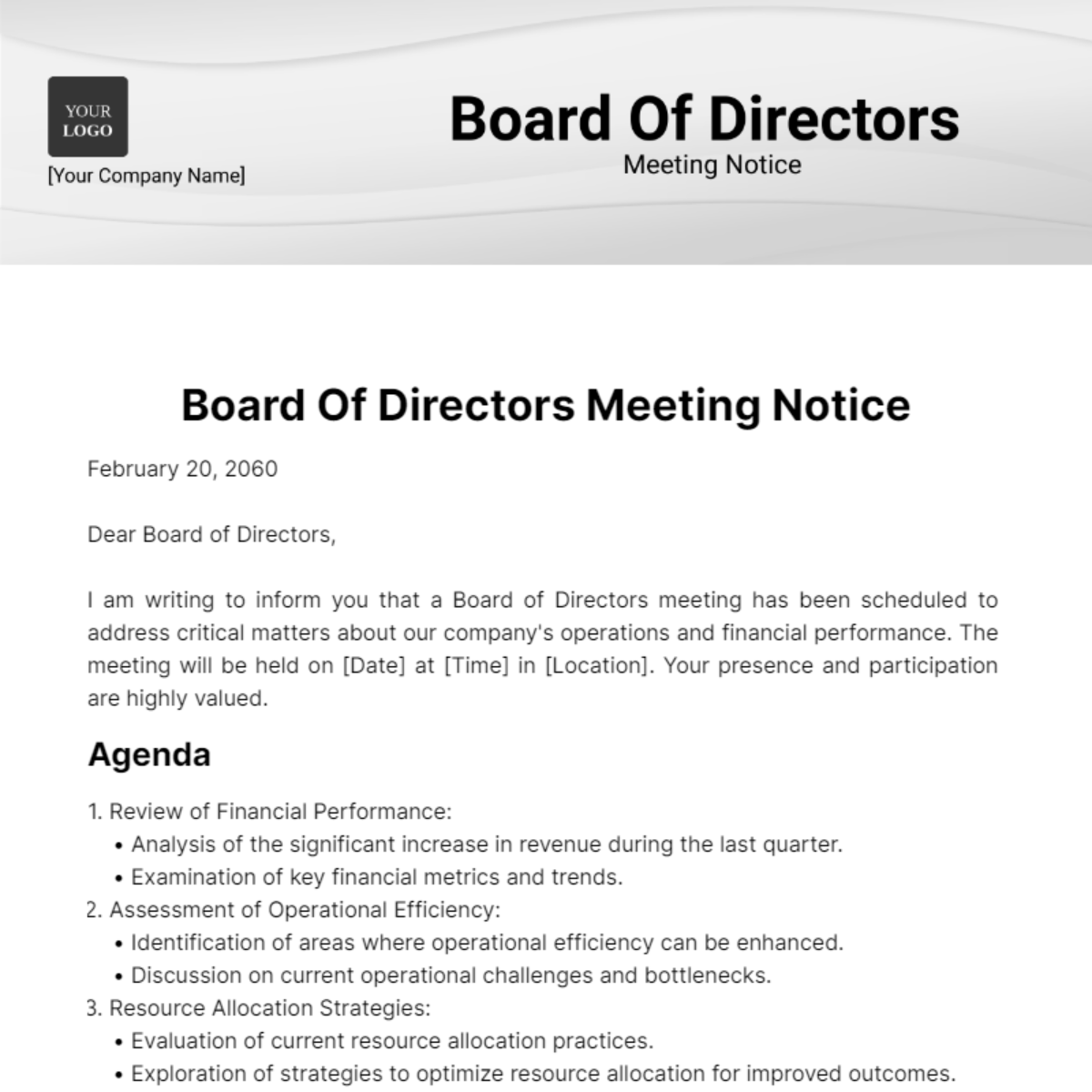 Free Board Of Directors Meeting Notice Template - Edit Online ...