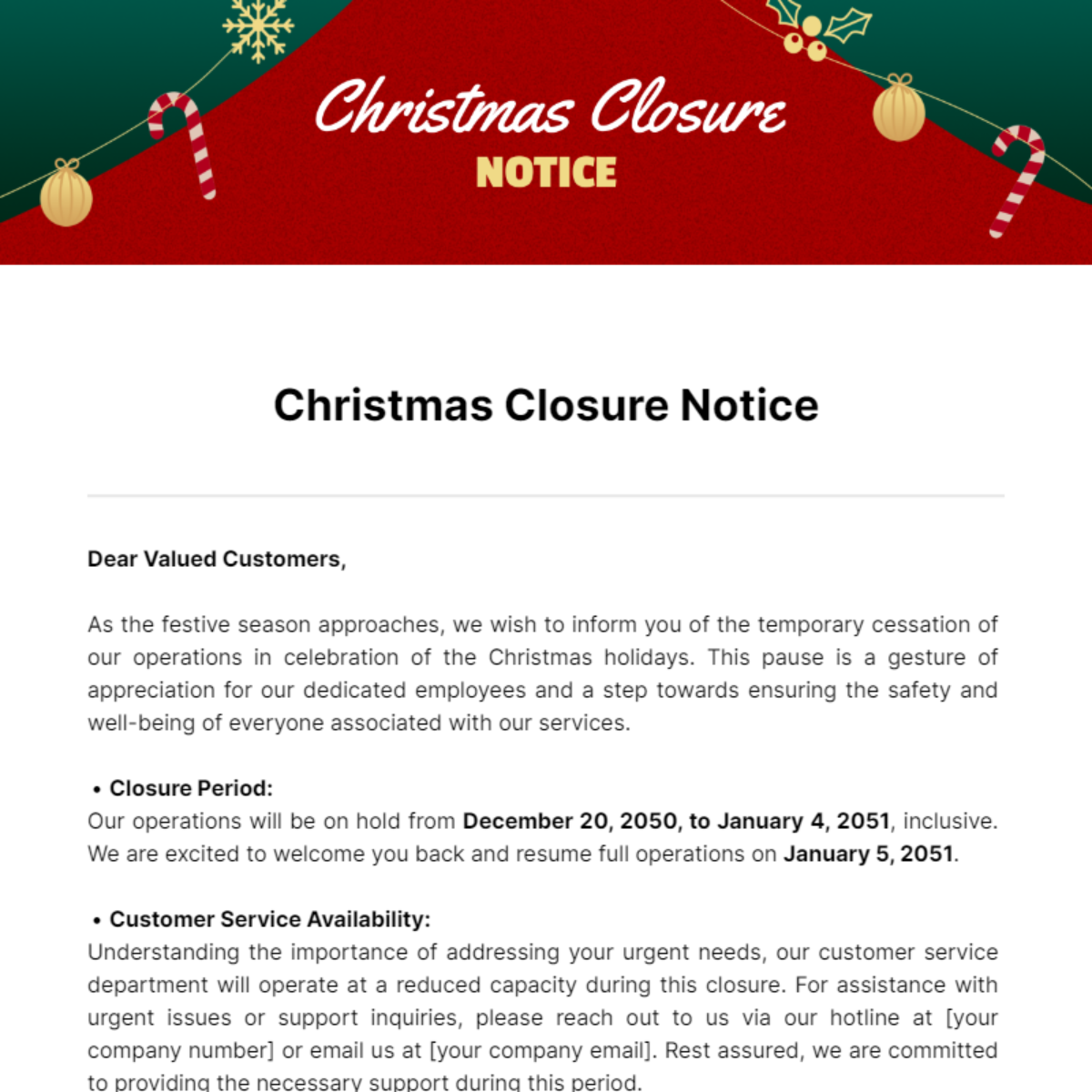 Christmas Closure Notice Template
