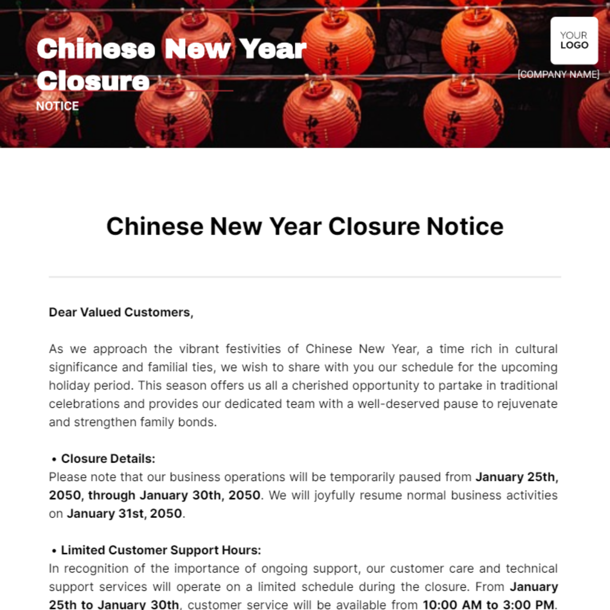 Chinese New Year Closure Notice Template