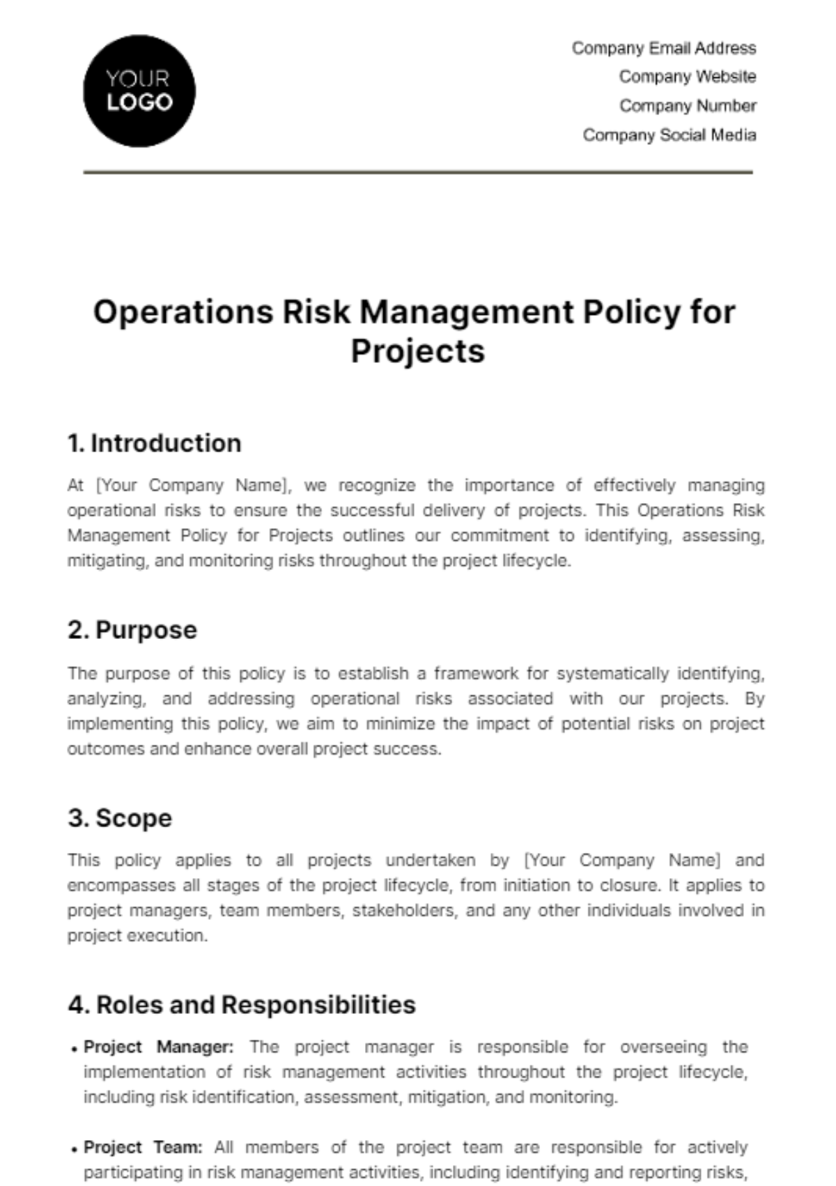 Free Operations Risk Management Policy for Projects Template