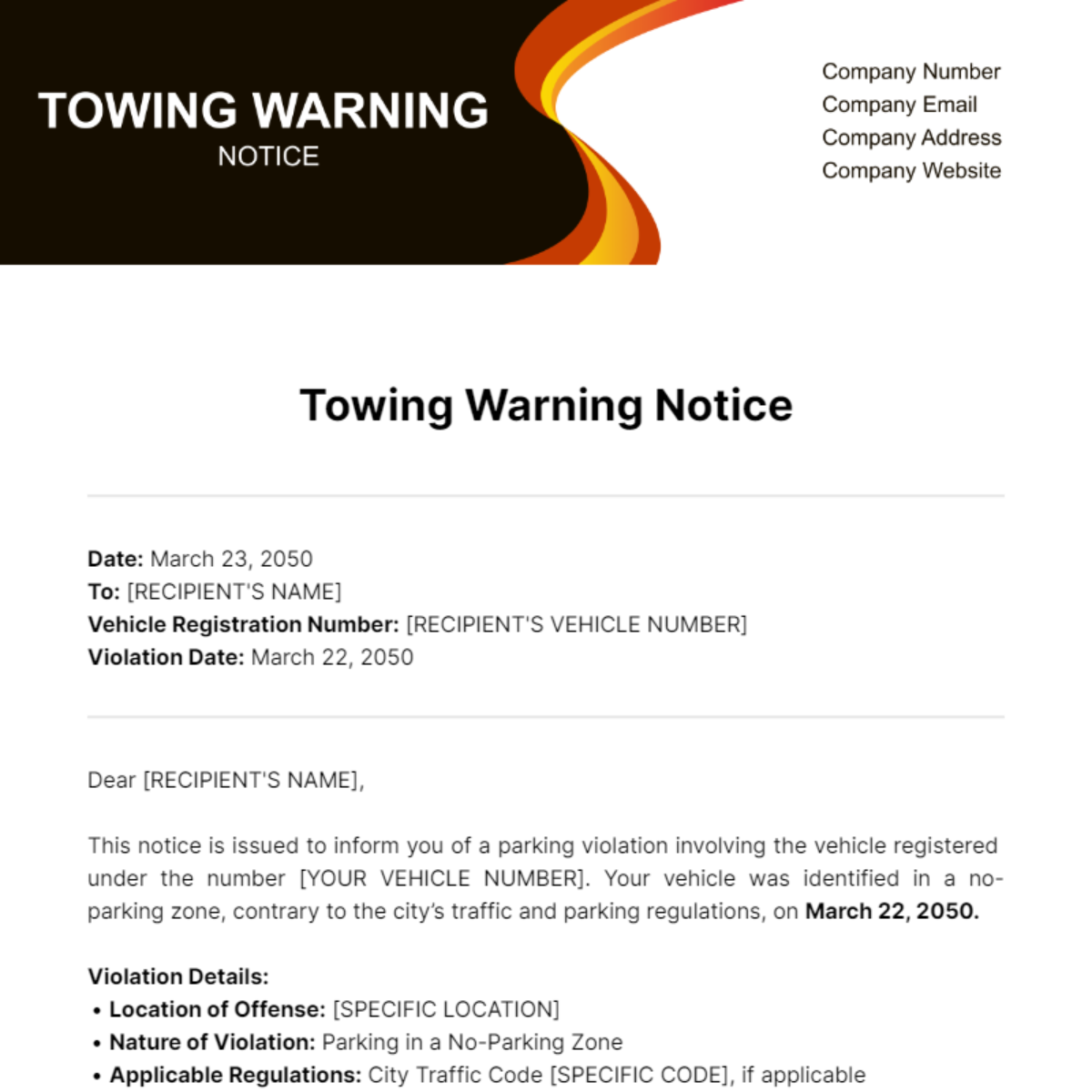 Towing Warning Notice Template