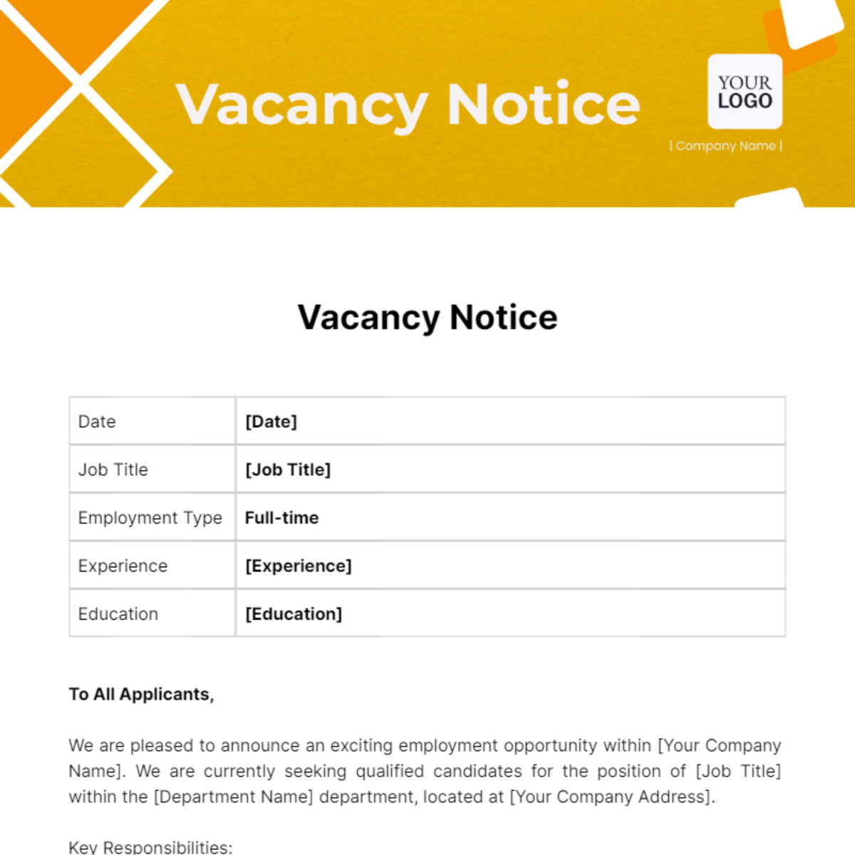 Vacancy Notice Template - Edit Online & Download