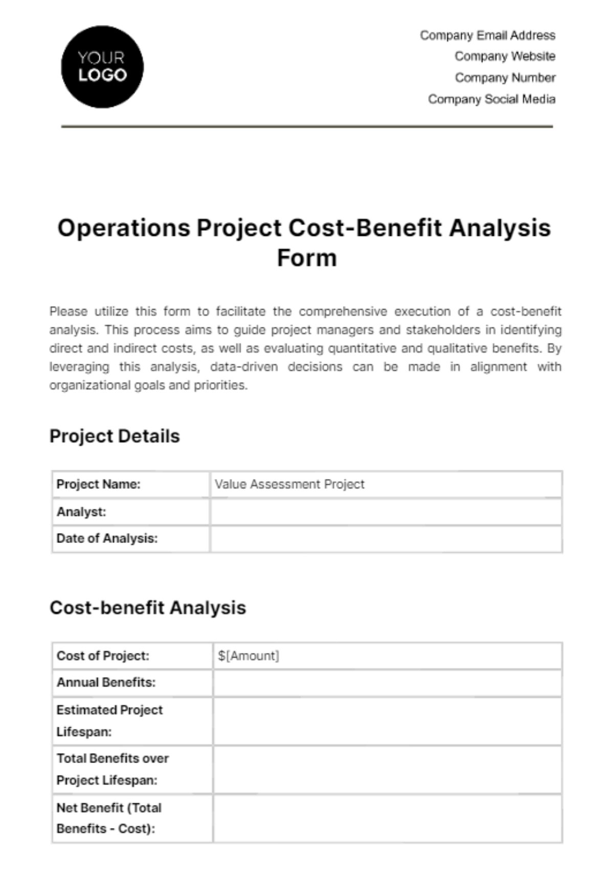 Free Operations Project Cost-Benefit Analysis Form Template