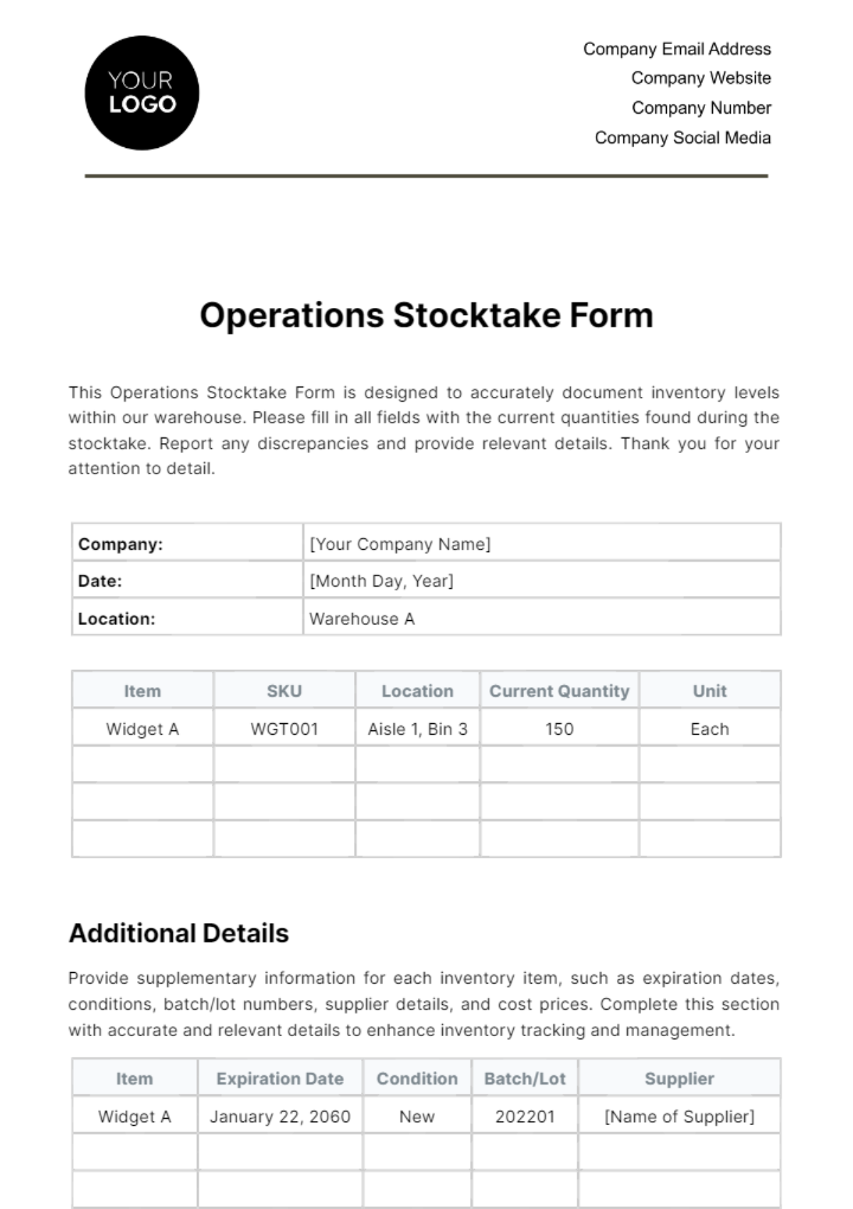 Free Operations Stocktake Form Template