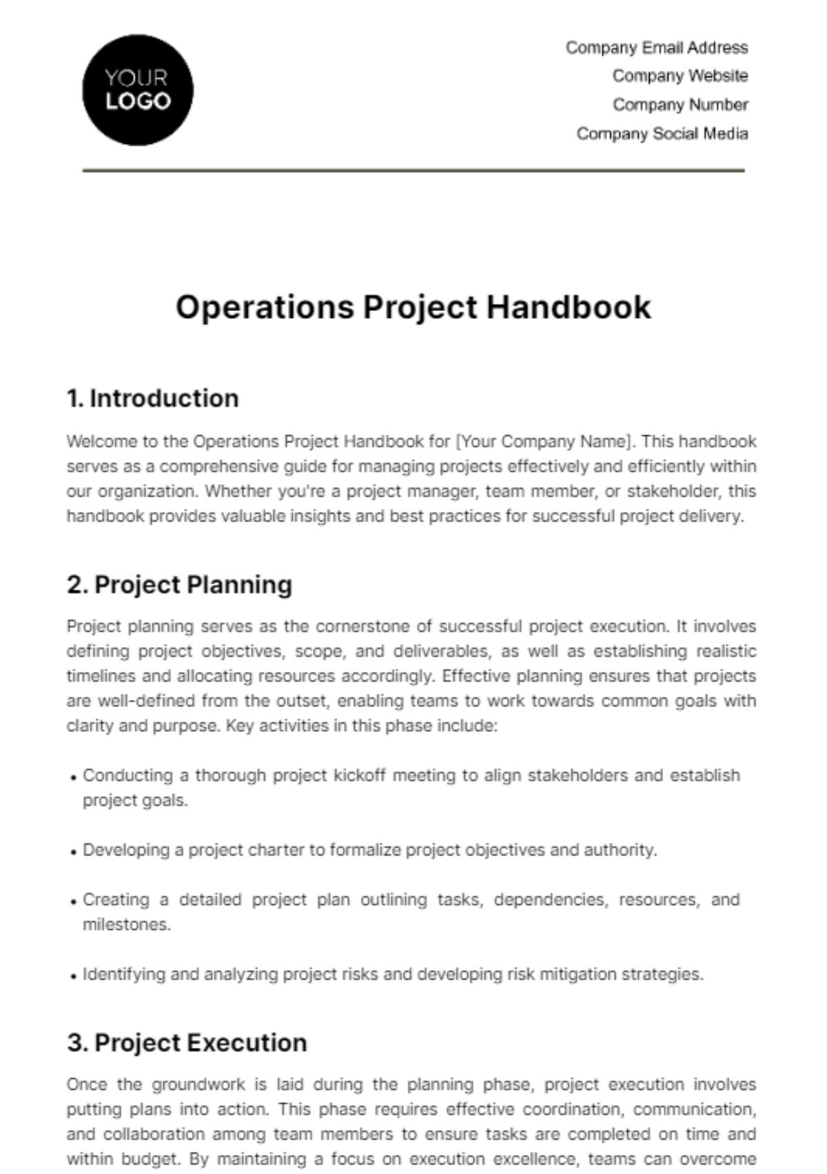 Free Operations Project Handbook Template