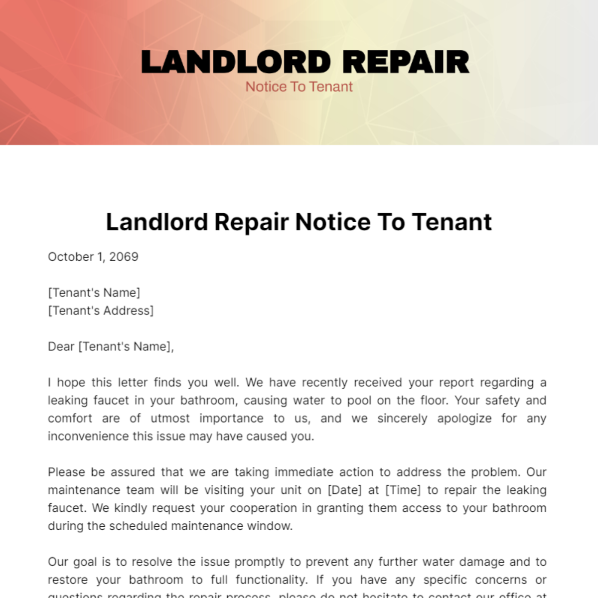 Free Landlord Repair Notice To Tenant Template