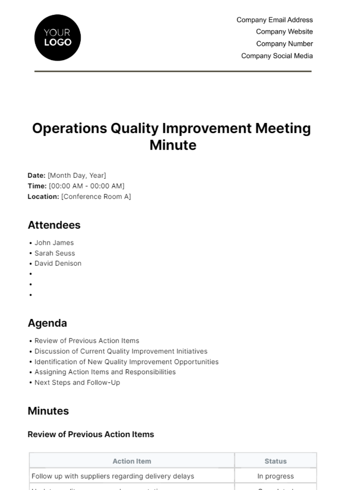 Free Operations Quality Improvement Meeting Minute Template
