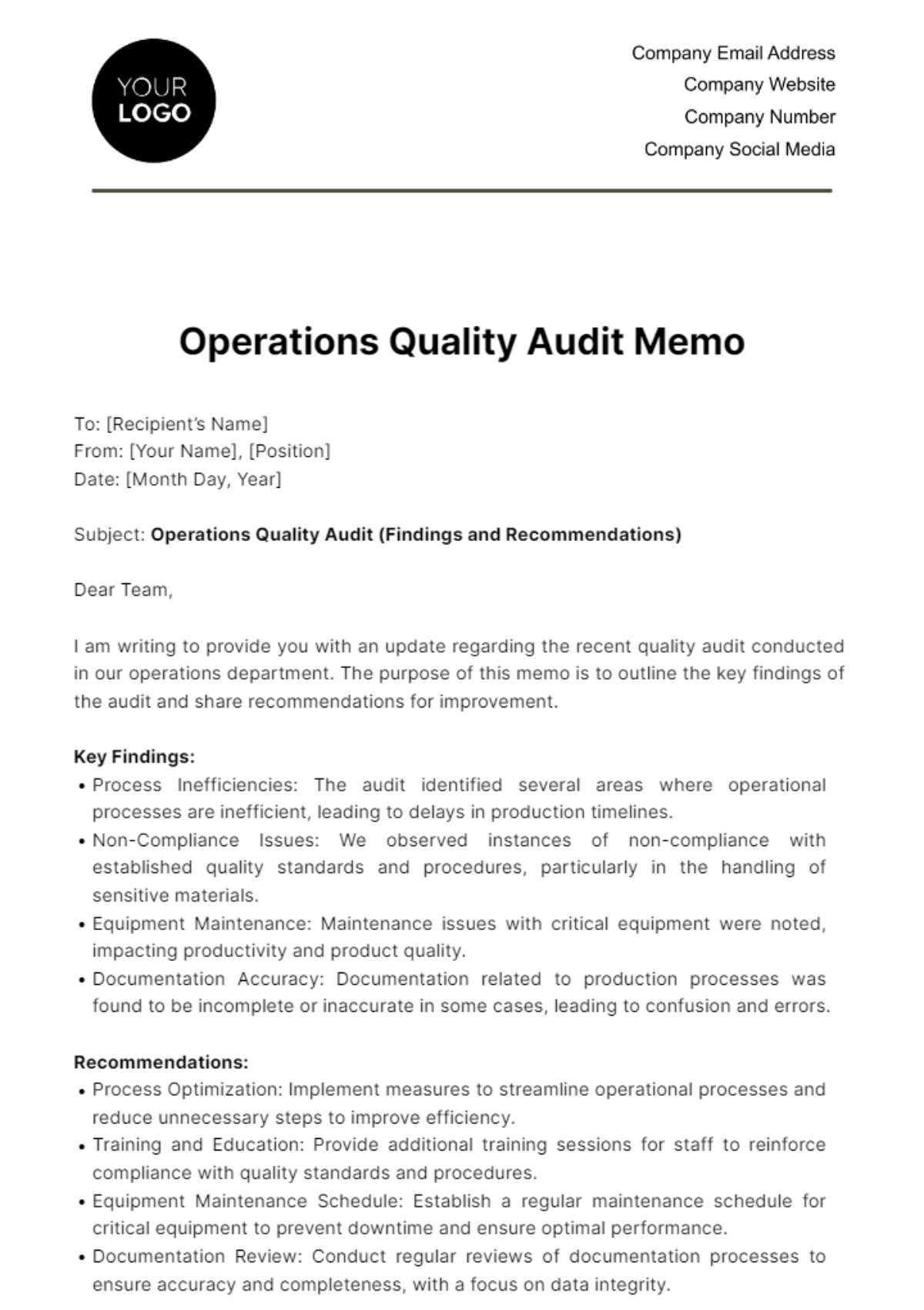 Free Operations Quality Audit Memo Template