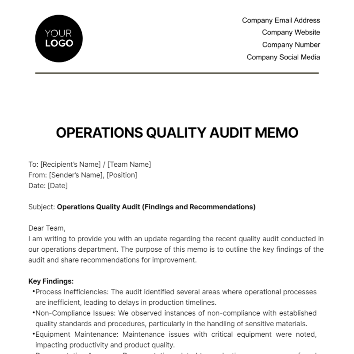 Operations Quality Audit Memo Template - Edit Online & Download