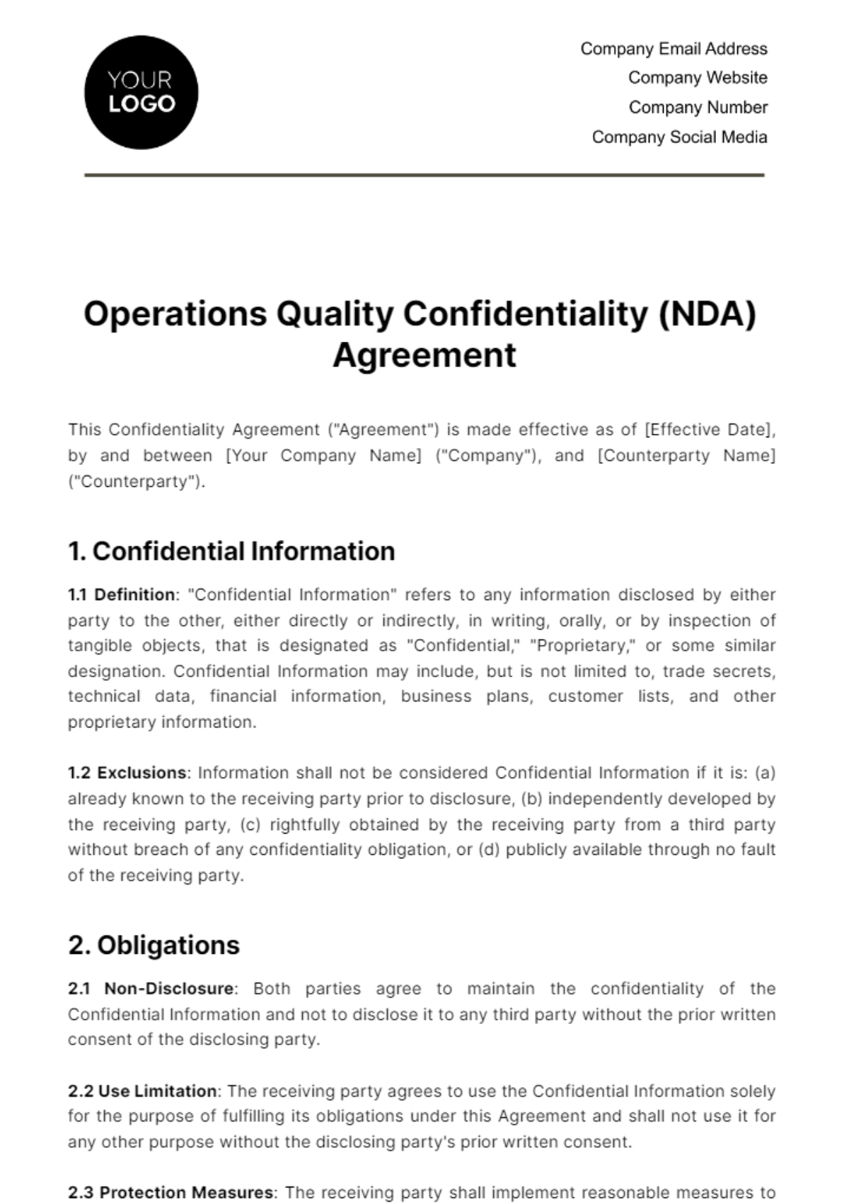 Free Operations Quality Confidentiality (NDA) Agreement Template