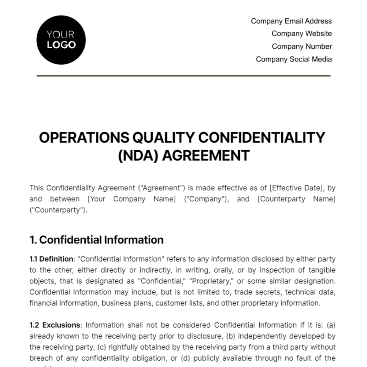 Operations Quality Confidentiality (NDA) Agreement Template - Edit Online & Download