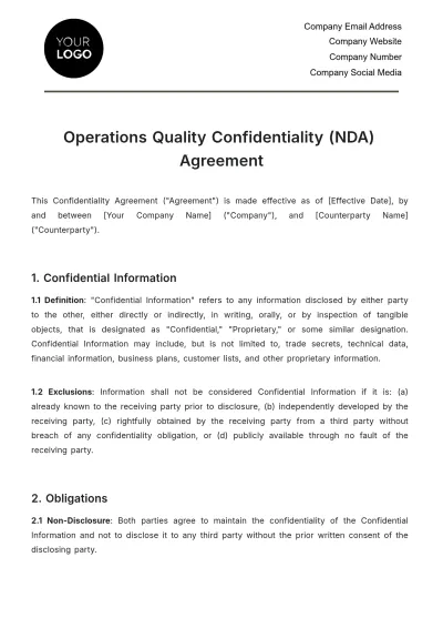 Free Operations Quality Confidentiality (NDA) Agreement Template to Edit Online