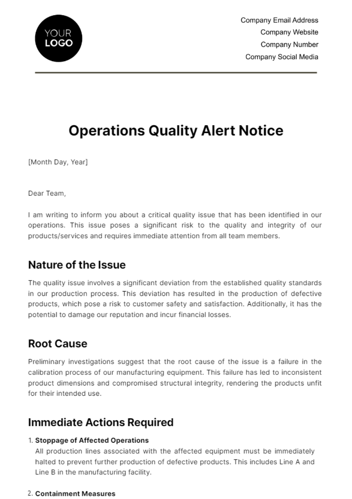 Operations Quality Alert Notice Template