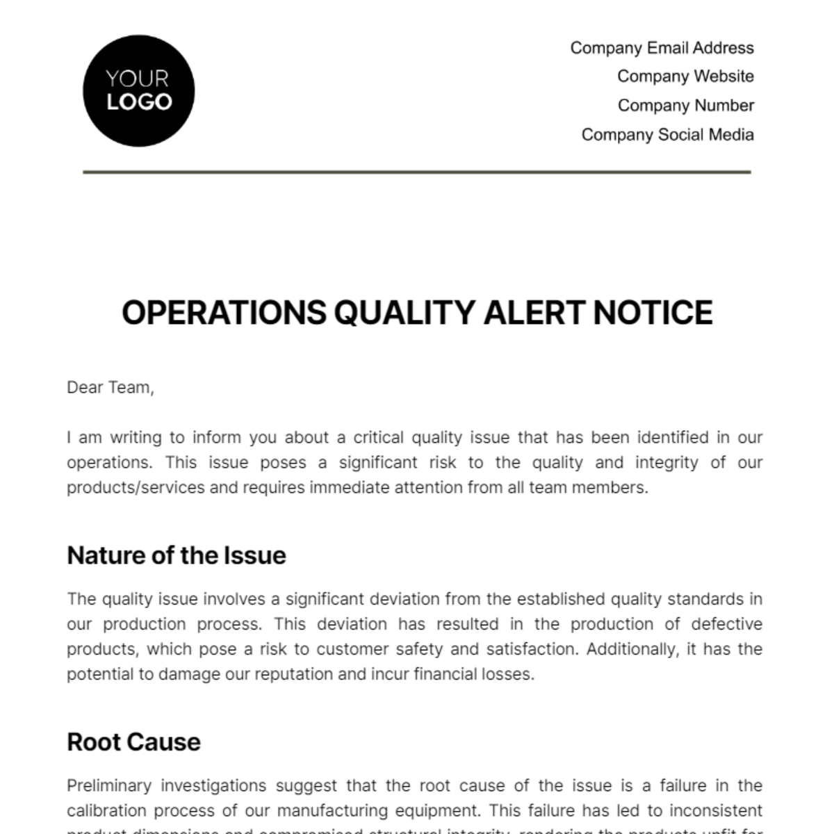 Operations Quality Alert Notice Template - Edit Online & Download