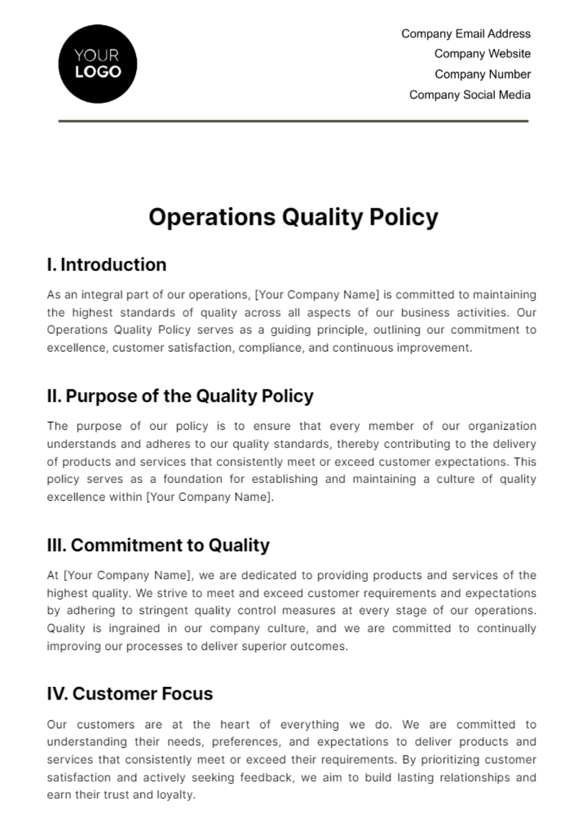 Free Operations Quality Policy Template