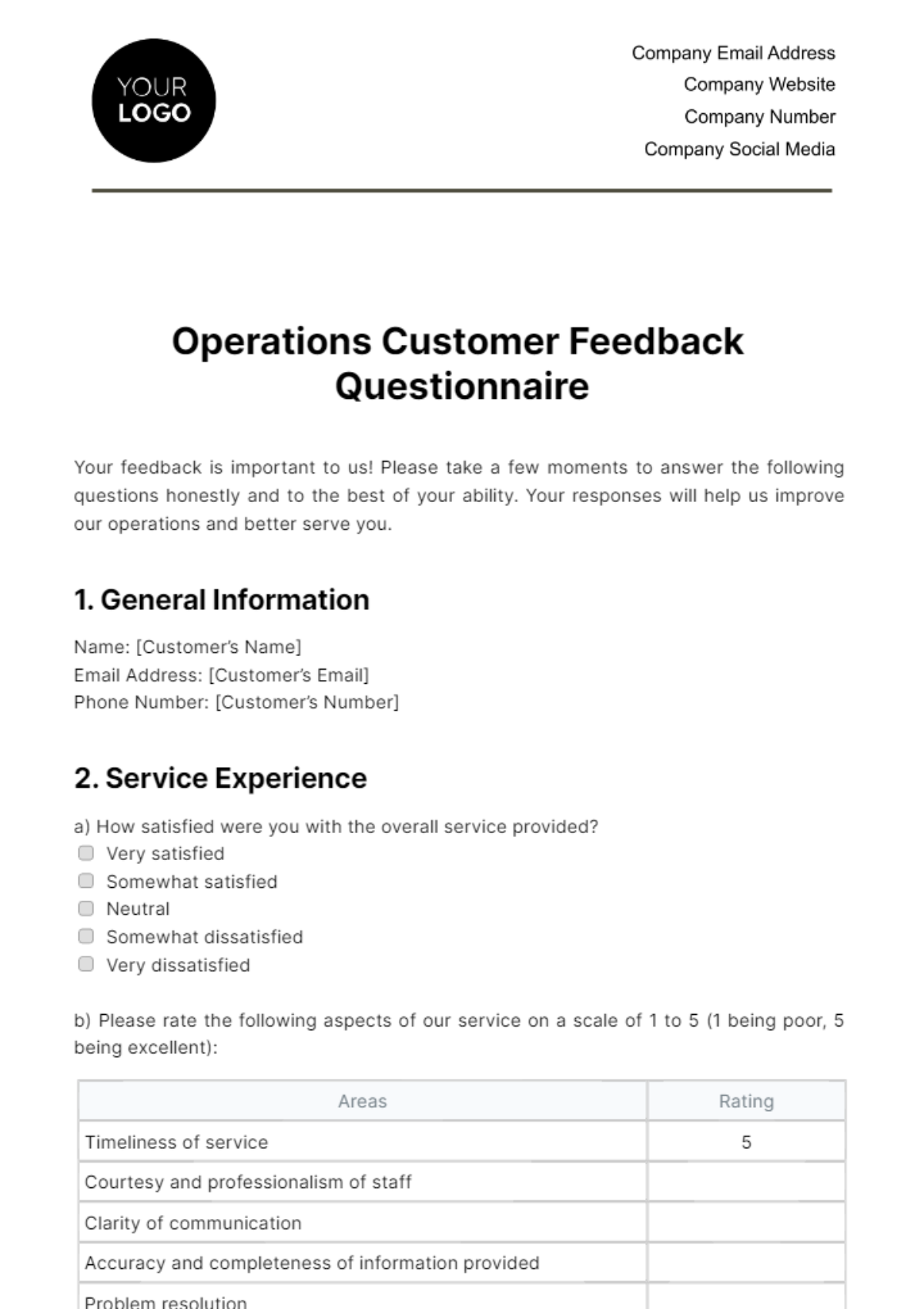 Free Operations Customer Feedback Questionnaire Template