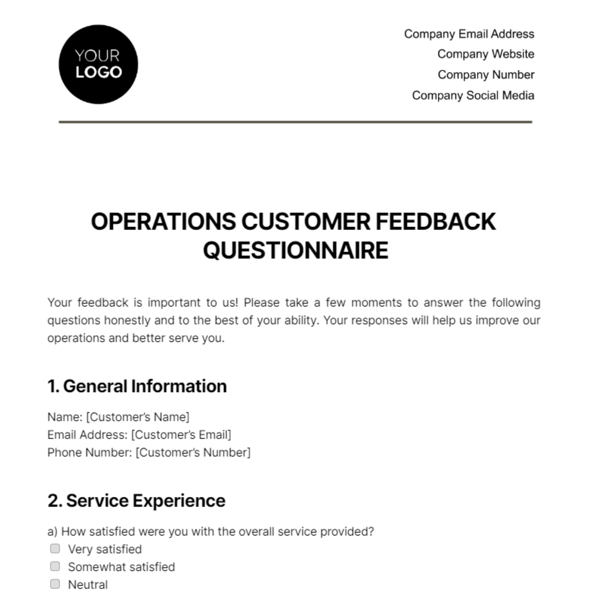 Operations Customer Feedback Questionnaire Template - Edit Online & Download