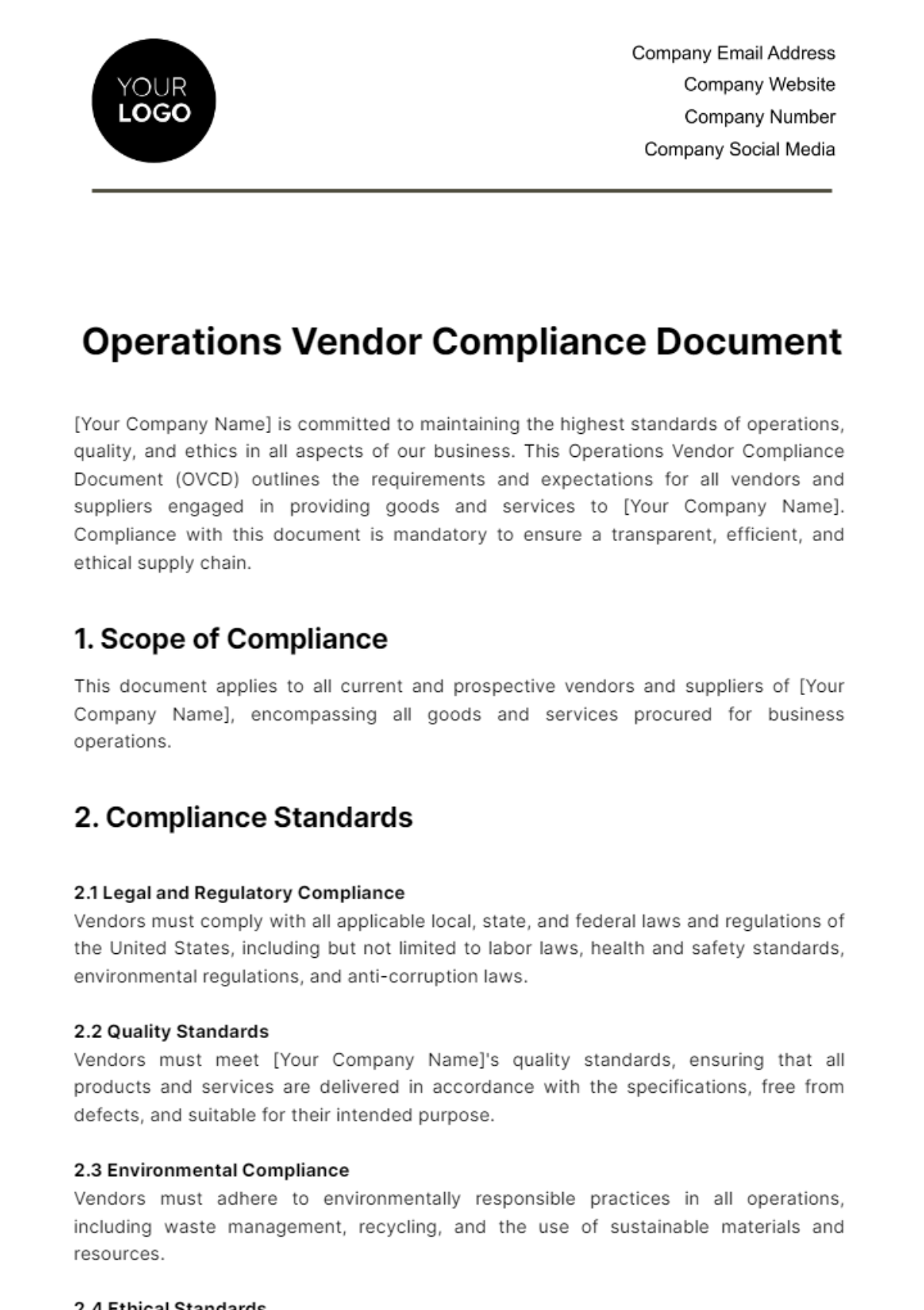 Operations Vendor Compliance Document Template