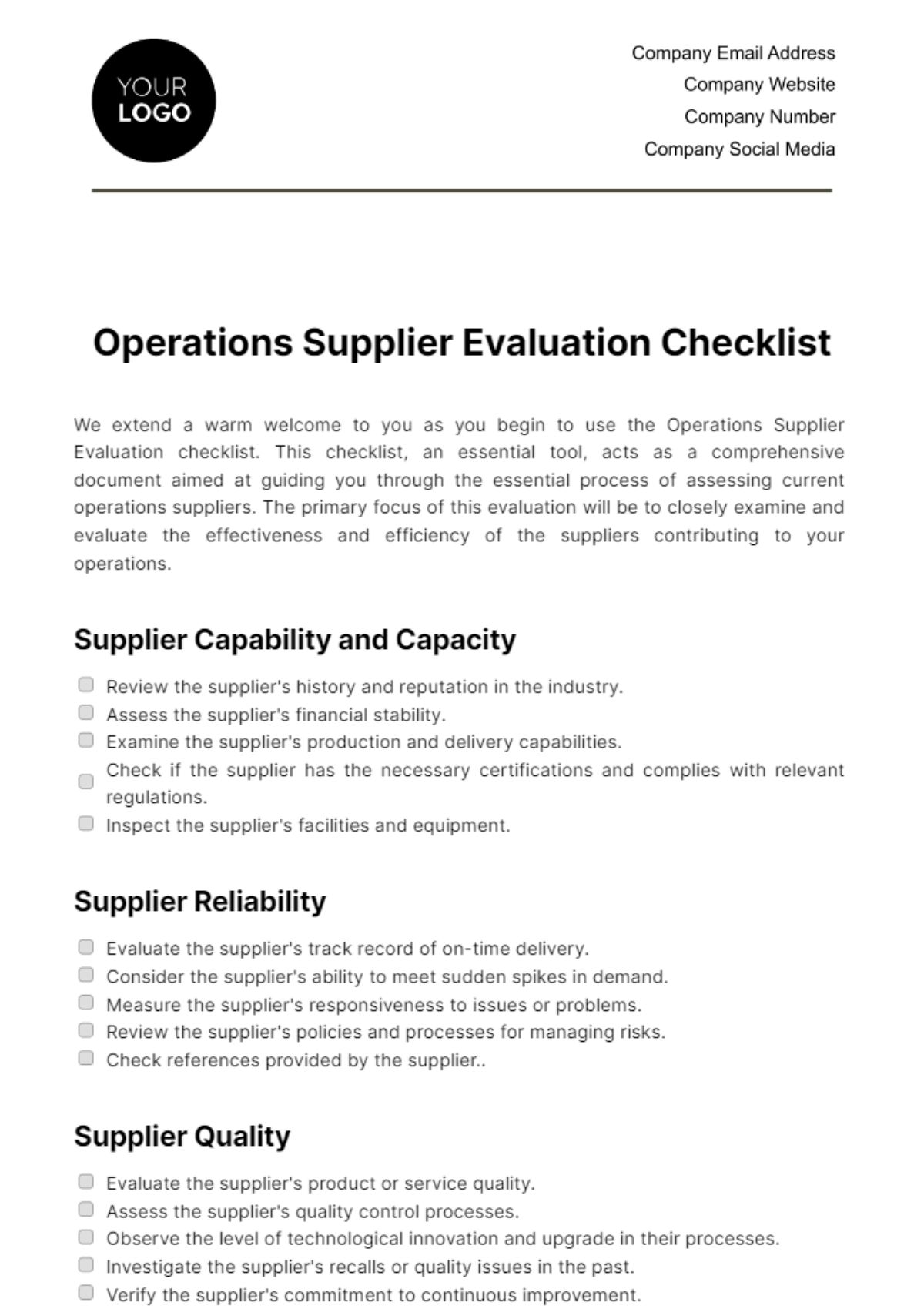 Free Operations Supplier Evaluation Checklist Template