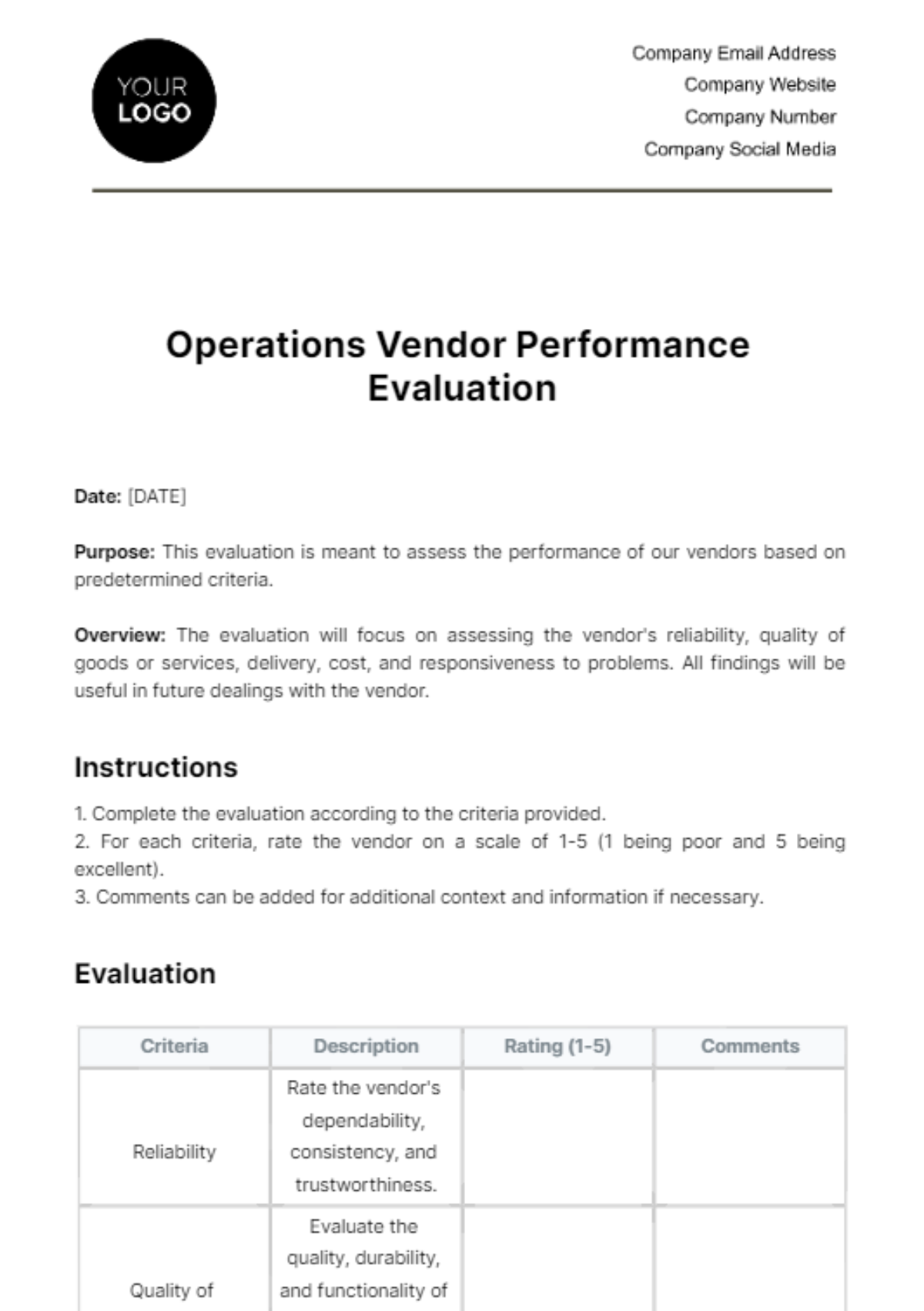 Free Operations Vendor Performance Evaluation Template