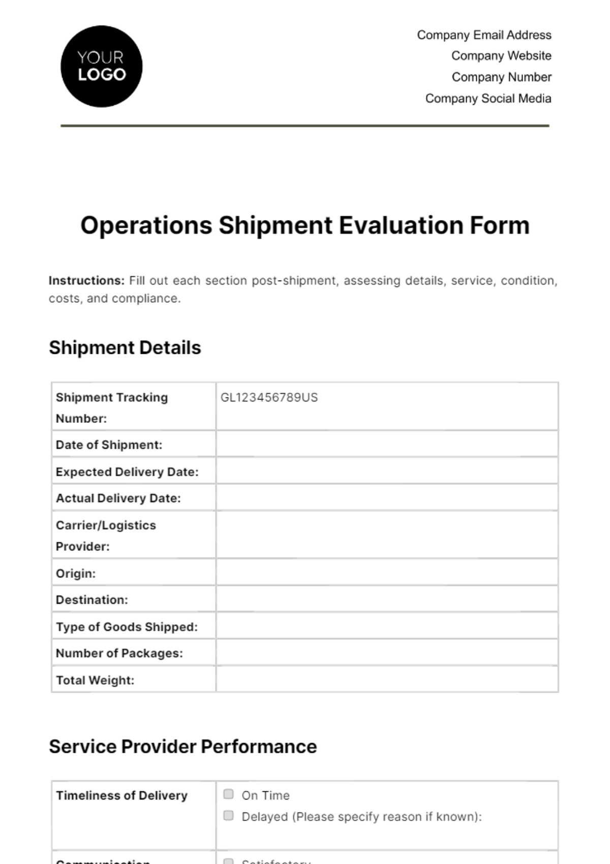 Free Operations Shipment Evaluation Form Template