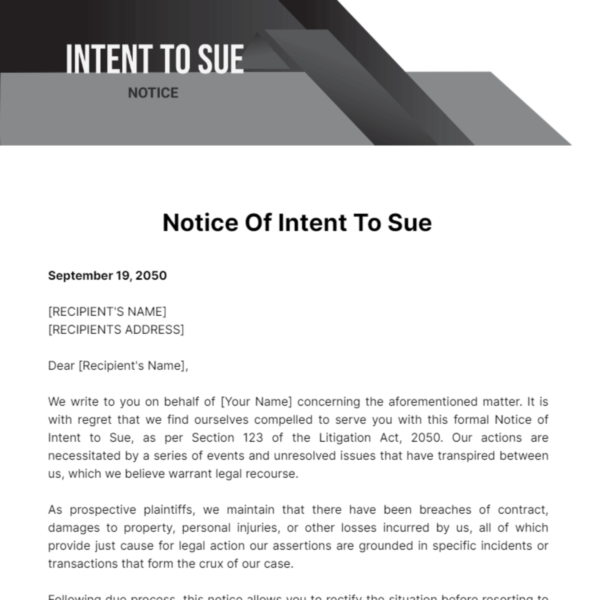 Notice Of Intent To Sue Template