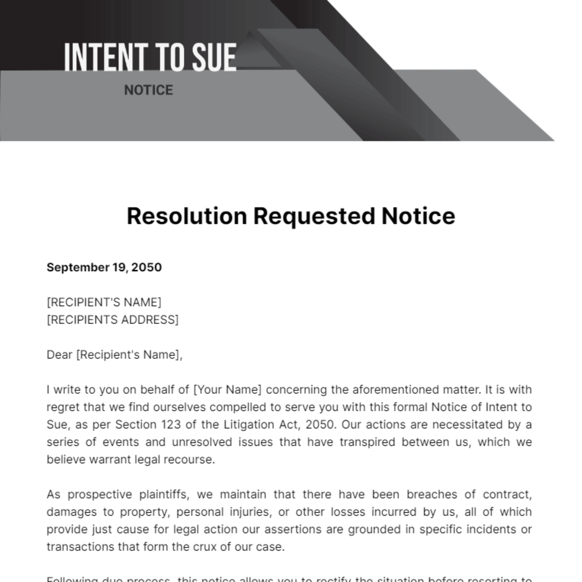 Notice Of Intent To Sue Template