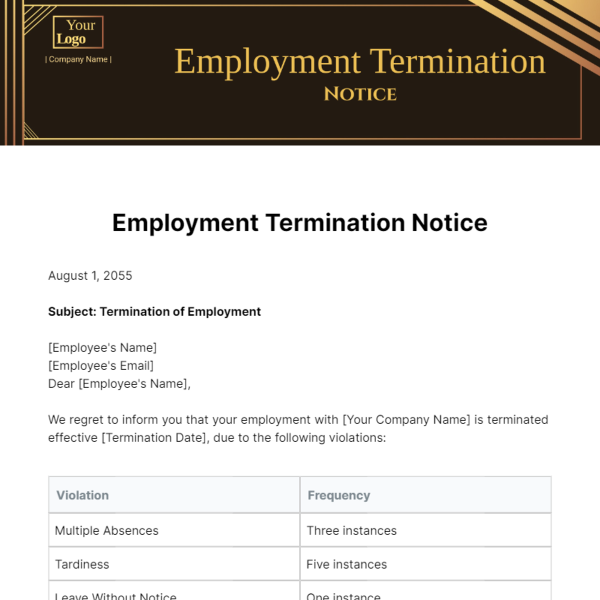 Employment Termination Notice Template - Edit Online & Download