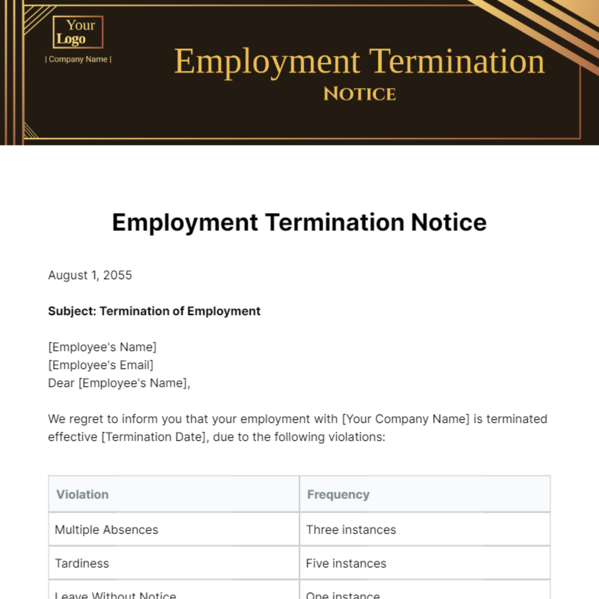 Free Employment Termination Notice Template To Edit Online